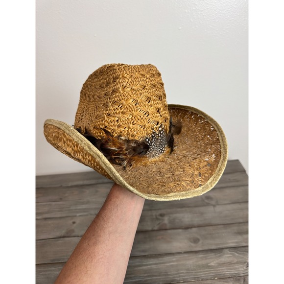 Roper Accessories - Roper Classic Straw Cowboy Hat Feather Trim Tan Brown Ranch Western Boho Sun Hat